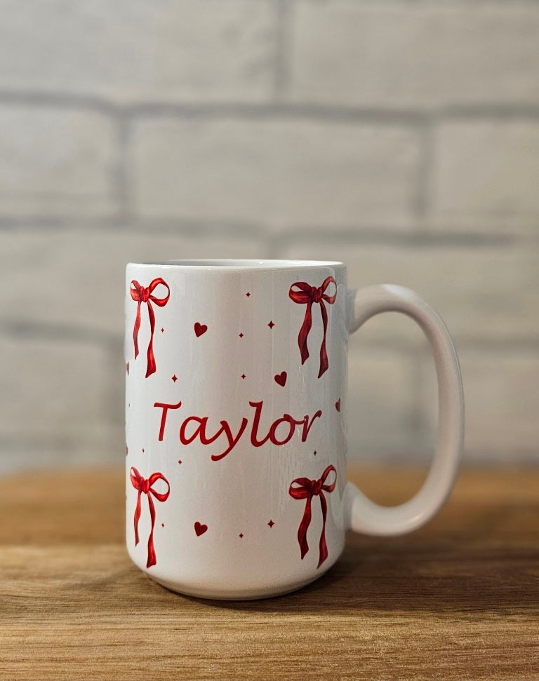 Personalised Name Ceramic Mug with Cute Bow and Heart Design