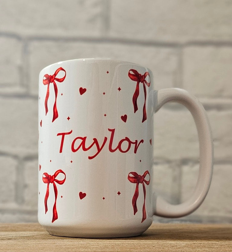 Personalised Name Ceramic Mug with Cute Bow and Heart Design