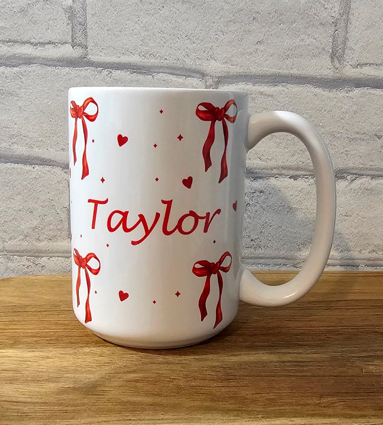 Personalised Name Ceramic Mug with Cute Bow and Heart Design