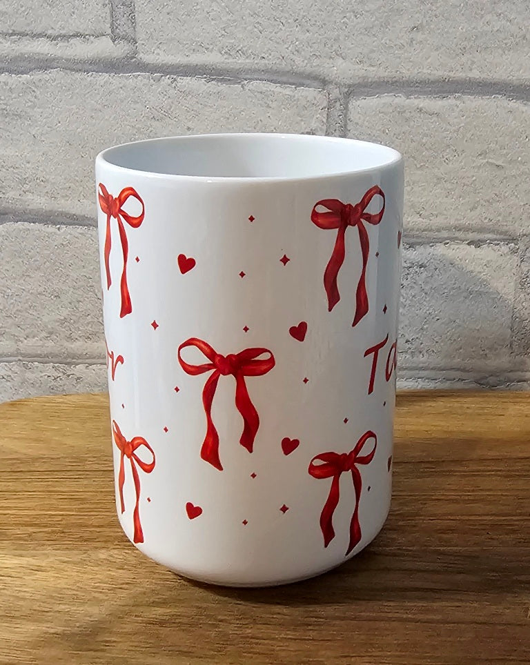 Personalised Name Ceramic Mug with Cute Bow and Heart Design