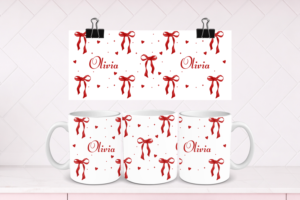 Personalised Name Ceramic Mug with Cute Bow and Heart Design
