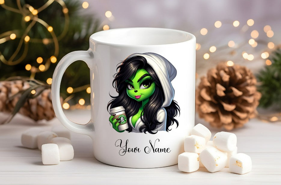 Grinch-Style Lady personalised mugs