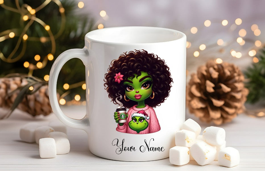 Grinch-Style Lady personalised mugs
