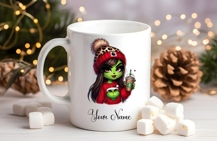 Grinch-Style Lady personalised mugs
